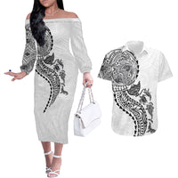 Hawaiian Kakau Tribal Sea Animals Tattoos Couples Matching Off The Shoulder Long Sleeve Dress and Hawaiian Shirt White Color LT03 White - Polynesian Pride