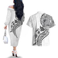 Hawaiian Kakau Tribal Sea Animals Tattoos Couples Matching Off The Shoulder Long Sleeve Dress and Hawaiian Shirt White Color LT03 - Polynesian Pride