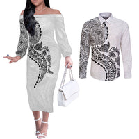 Hawaiian Kakau Tribal Sea Animals Tattoos Couples Matching Off The Shoulder Long Sleeve Dress and Long Sleeve Button Shirt White Color LT03 White - Polynesian Pride