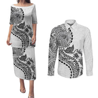 Hawaiian Kakau Tribal Sea Animals Tattoos Couples Matching Puletasi and Long Sleeve Button Shirt White Color