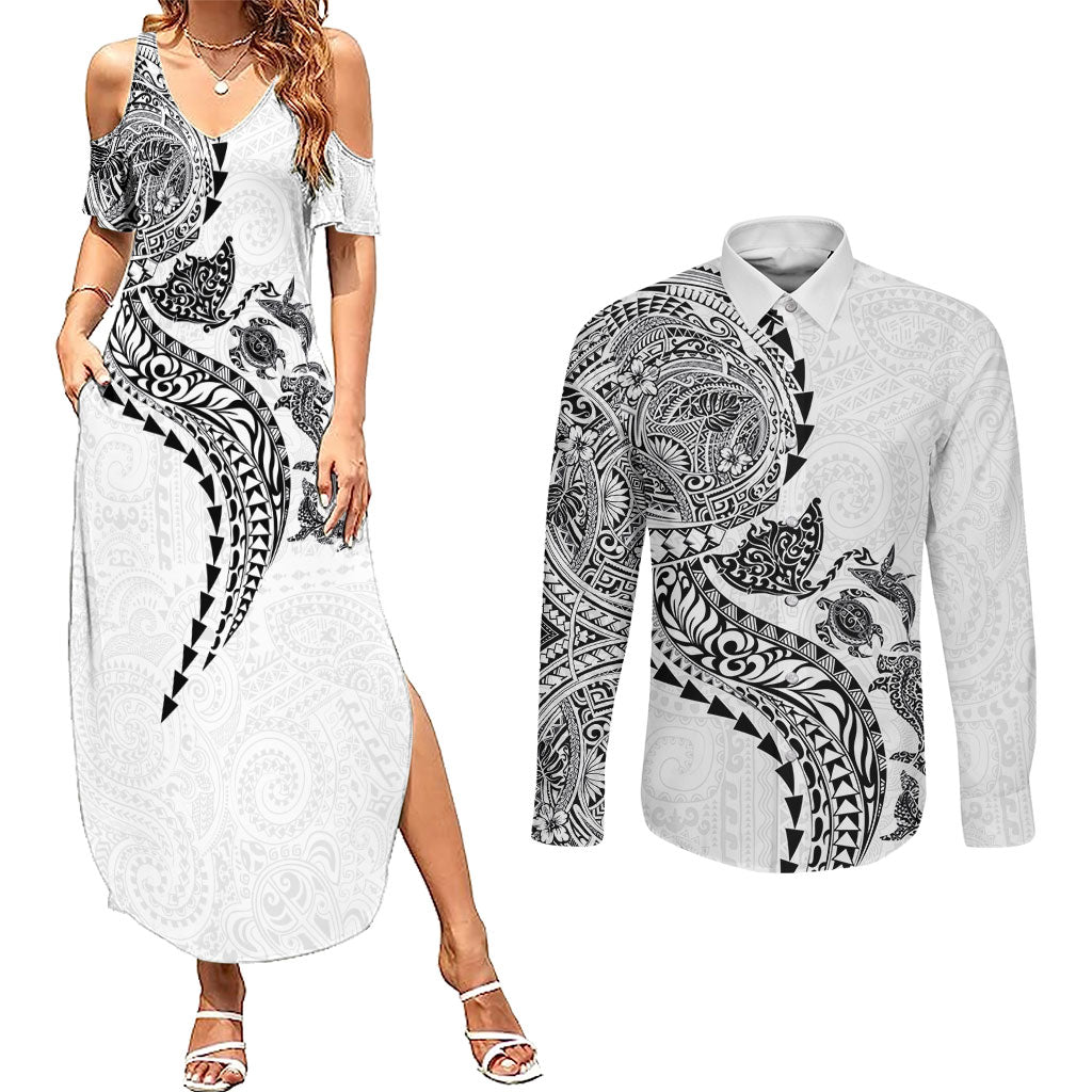 Hawaiian Kakau Tribal Sea Animals Tattoos Couples Matching Summer Maxi Dress and Long Sleeve Button Shirt White Color LT03 White - Polynesian Pride