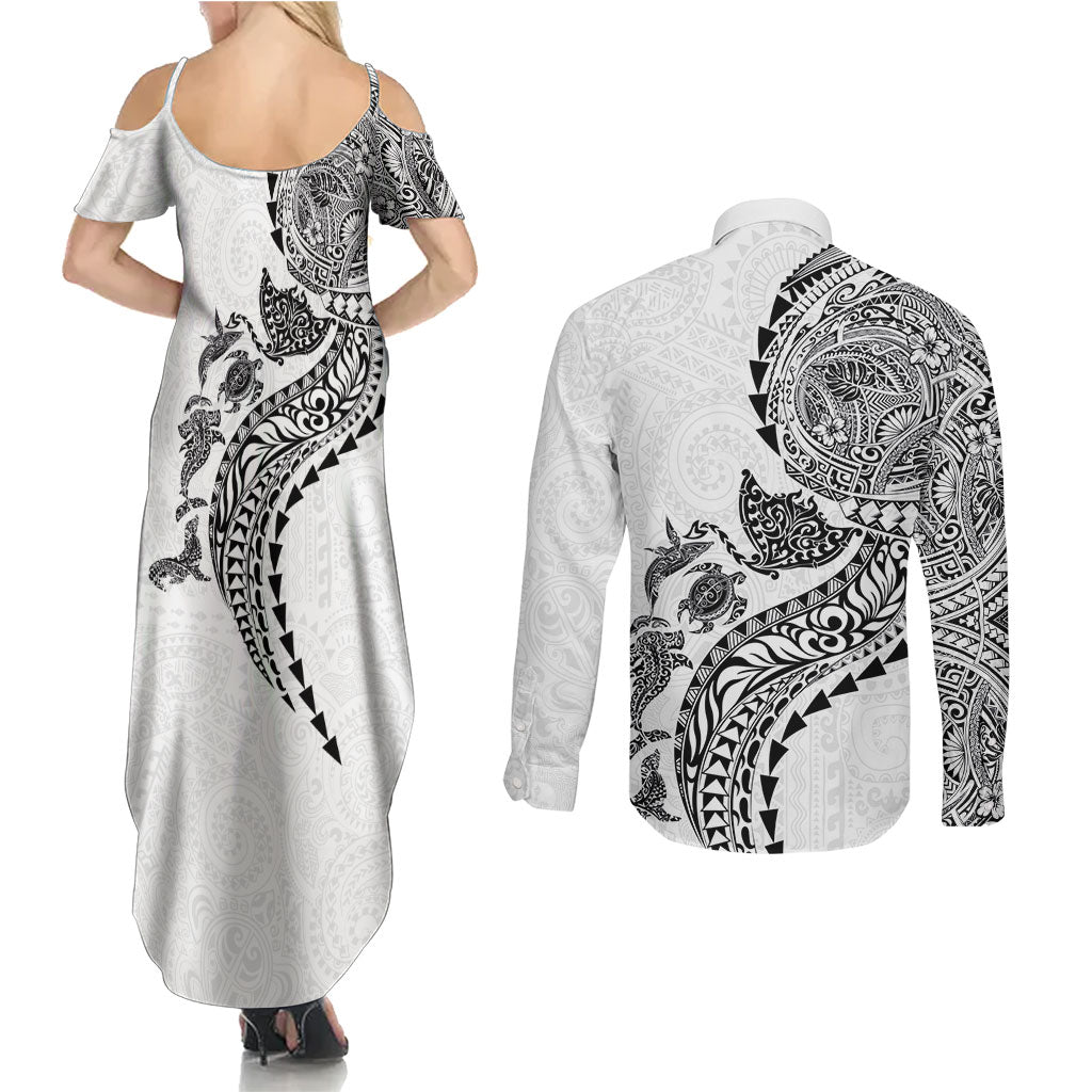 Hawaiian Kakau Tribal Sea Animals Tattoos Couples Matching Summer Maxi Dress and Long Sleeve Button Shirt White Color LT03 - Polynesian Pride