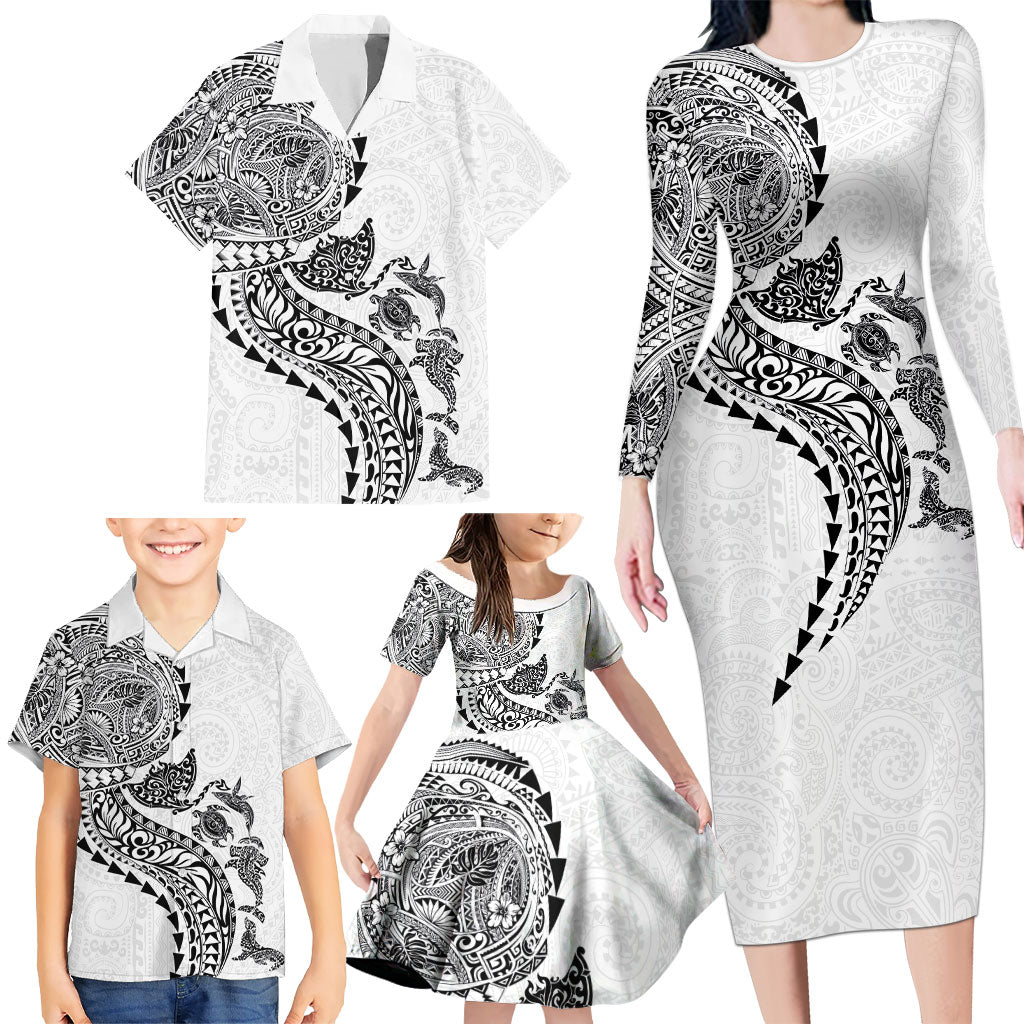 Hawaiian Kakau Tribal Sea Animals Tattoos Family Matching Long Sleeve Bodycon Dress and Hawaiian Shirt White Color LT03 - Polynesian Pride
