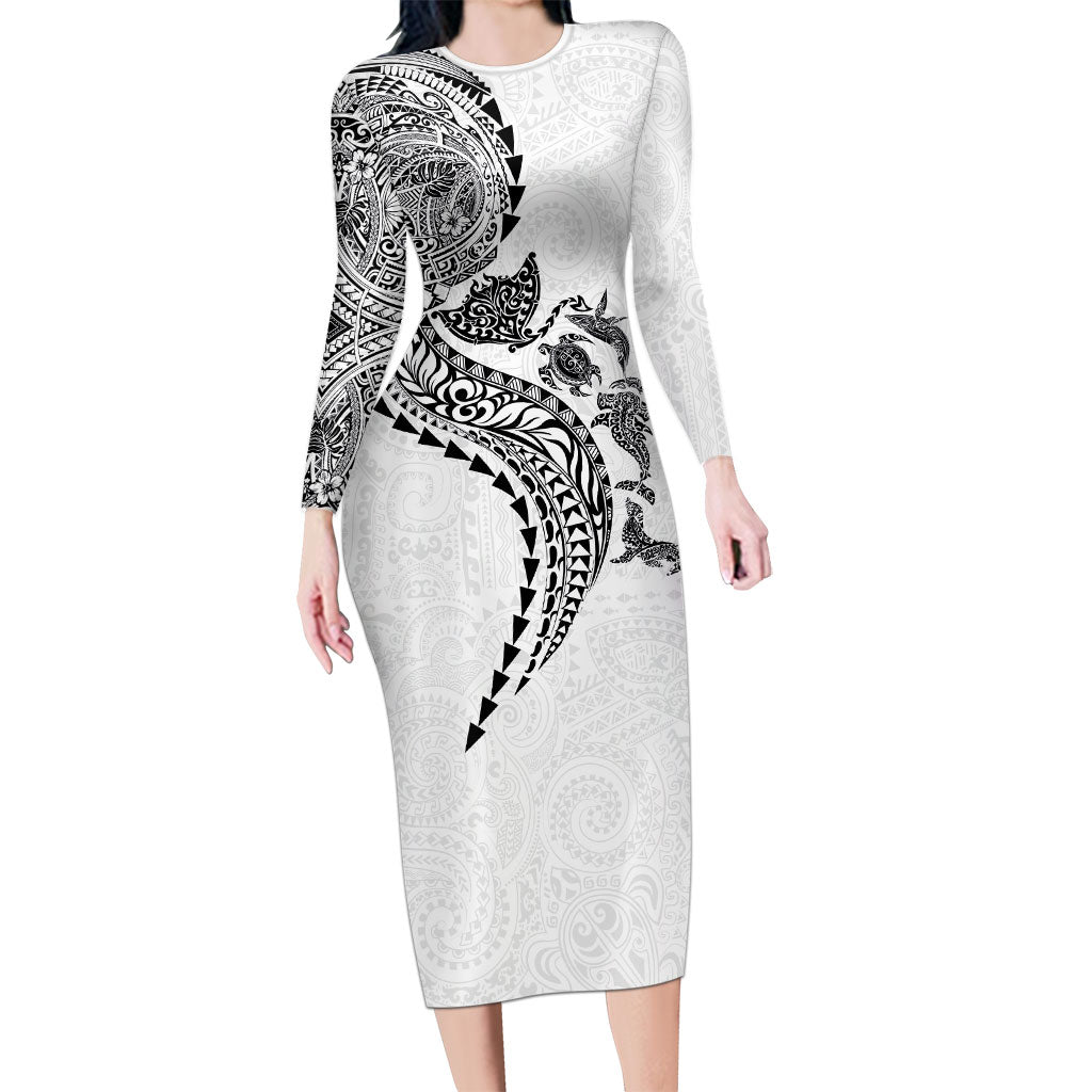 Hawaiian Kakau Tribal Sea Animals Tattoos Family Matching Long Sleeve Bodycon Dress and Hawaiian Shirt White Color LT03 Mom's Dress White - Polynesian Pride