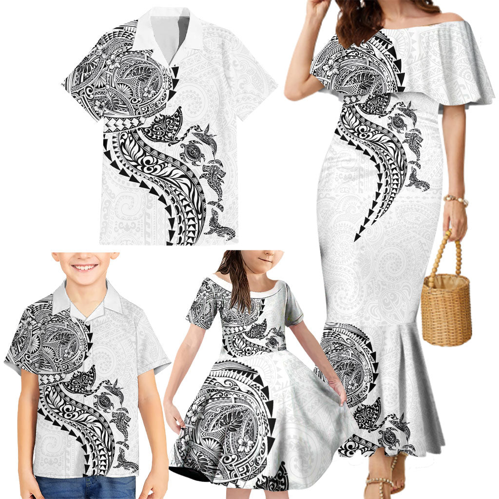 Hawaiian Kakau Tribal Sea Animals Tattoos Family Matching Mermaid Dress and Hawaiian Shirt White Color LT03 - Polynesian Pride