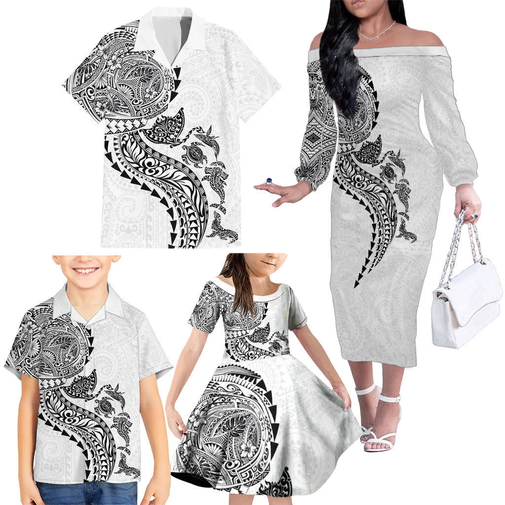 Hawaiian Kakau Tribal Sea Animals Tattoos Family Matching Off The Shoulder Long Sleeve Dress and Hawaiian Shirt White Color