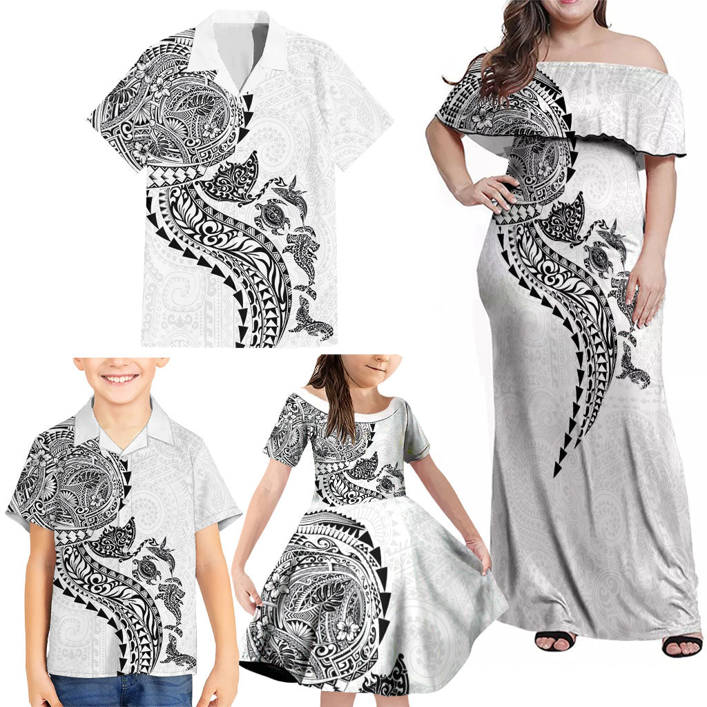 Hawaiian Kakau Tribal Sea Animals Tattoos Family Matching Off Shoulder Maxi Dress and Hawaiian Shirt White Color LT03 - Polynesian Pride