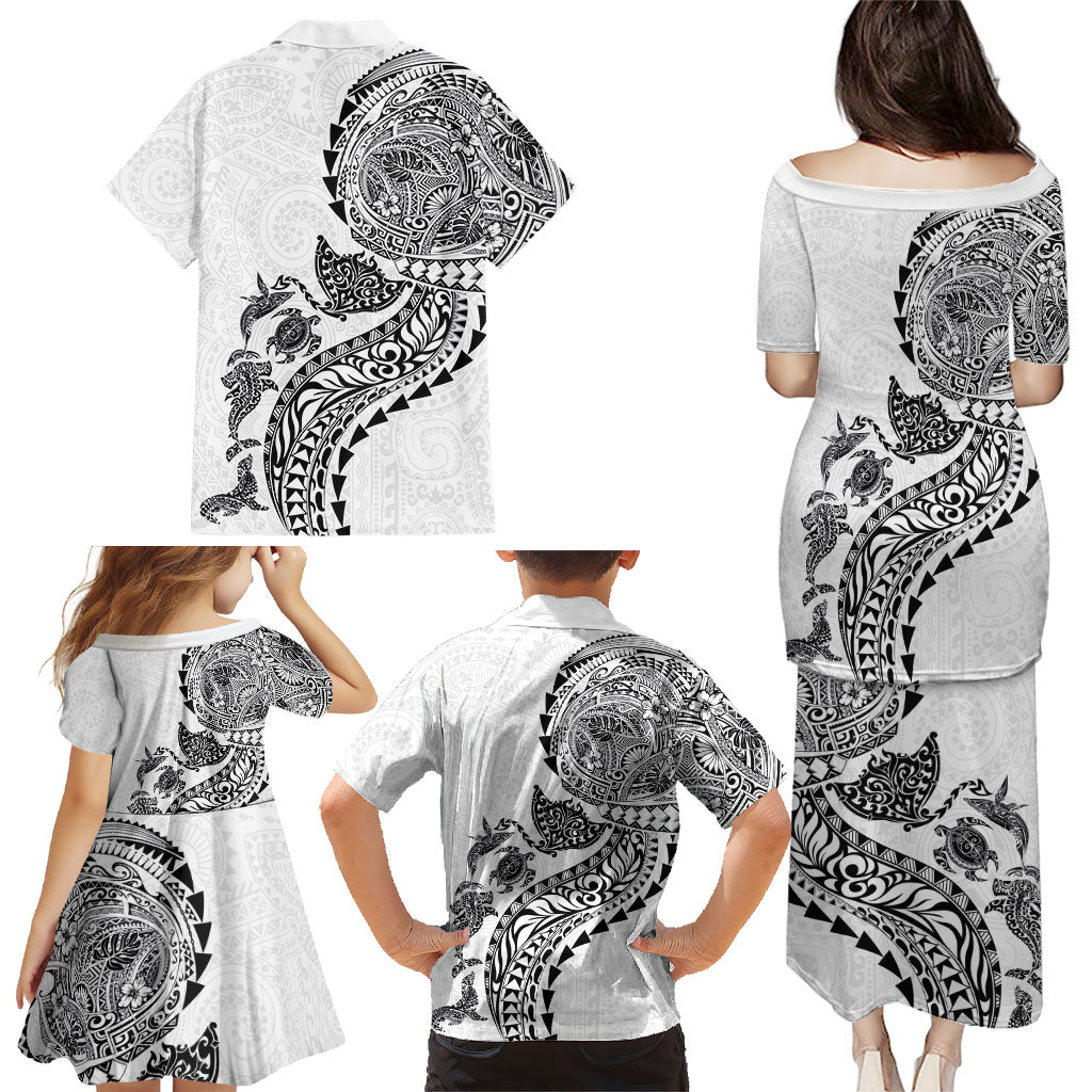 Hawaiian Kakau Tribal Sea Animals Tattoos Family Matching Puletasi and Hawaiian Shirt White Color LT03 - Polynesian Pride