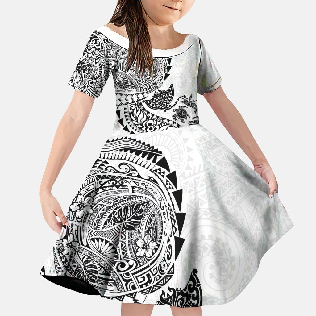 Hawaiian Kakau Tribal Sea Animals Tattoos Family Matching Short Sleeve Bodycon Dress and Hawaiian Shirt White Color LT03 Daughter's Dress White - Polynesian Pride