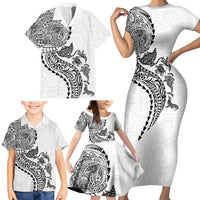 Hawaiian Kakau Tribal Sea Animals Tattoos Family Matching Short Sleeve Bodycon Dress and Hawaiian Shirt White Color LT03 - Polynesian Pride