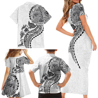 Hawaiian Kakau Tribal Sea Animals Tattoos Family Matching Short Sleeve Bodycon Dress and Hawaiian Shirt White Color LT03 - Polynesian Pride