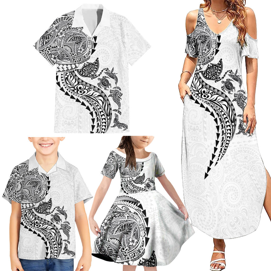 Hawaiian Kakau Tribal Sea Animals Tattoos Family Matching Summer Maxi Dress and Hawaiian Shirt White Color LT03 - Polynesian Pride