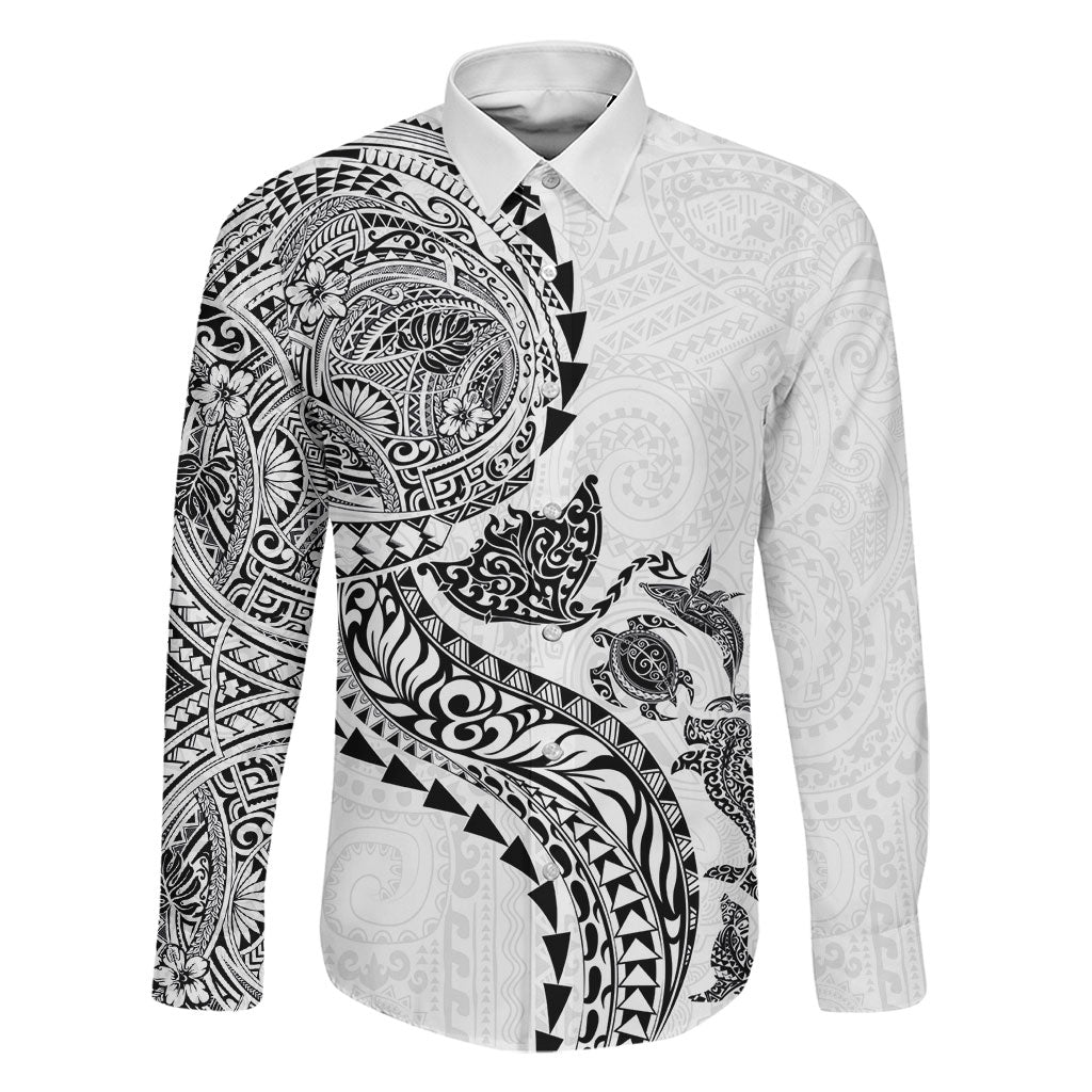 Hawaiian Kakau Tribal Sea Animals Tattoos Family Matching Tank Maxi Dress and Hawaiian Shirt White Color LT03 Dad's Shirt - Long Sleeve White - Polynesian Pride