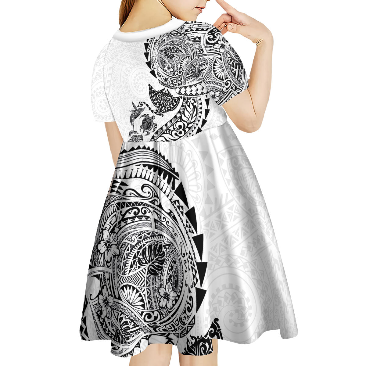 Hawaiian Kakau Tribal Sea Animals Tattoos Kid Short Sleeve Dress White Color