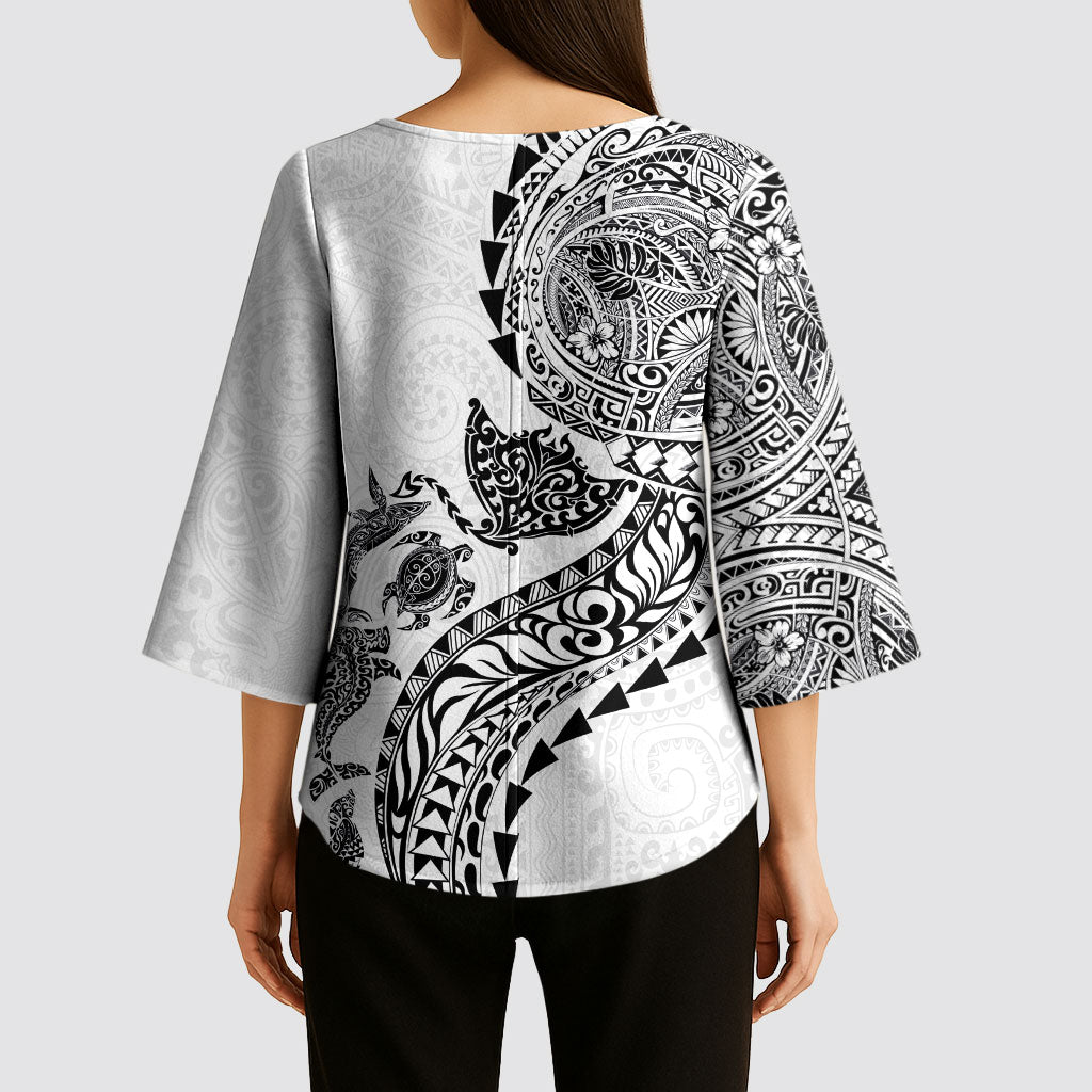Hawaiian Kakau Tribal Sea Animals Tattoos Kimono Sleeve Blouse White Color