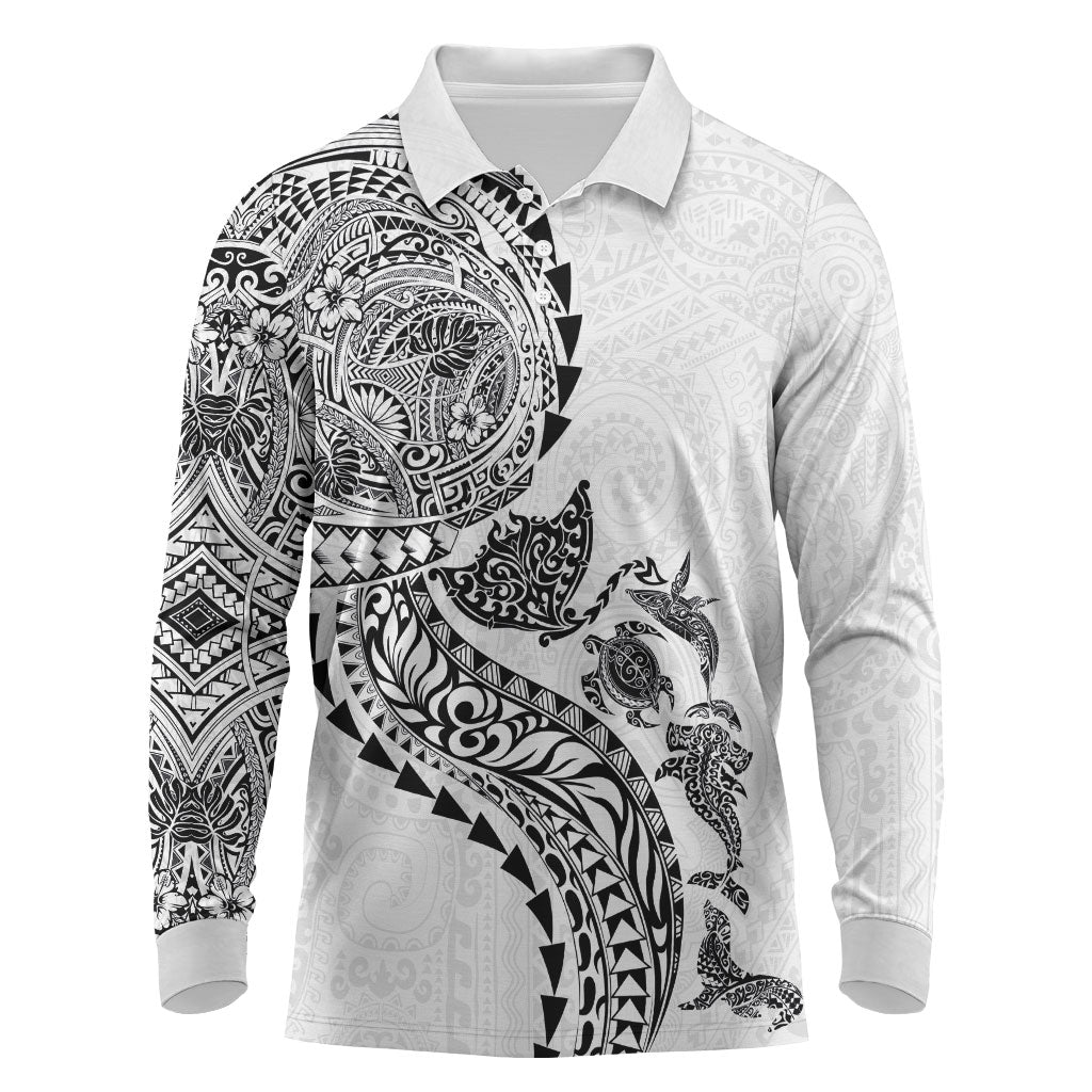 Hawaiian Kakau Tribal Sea Animals Tattoos Long Sleeve Polo Shirt White Color