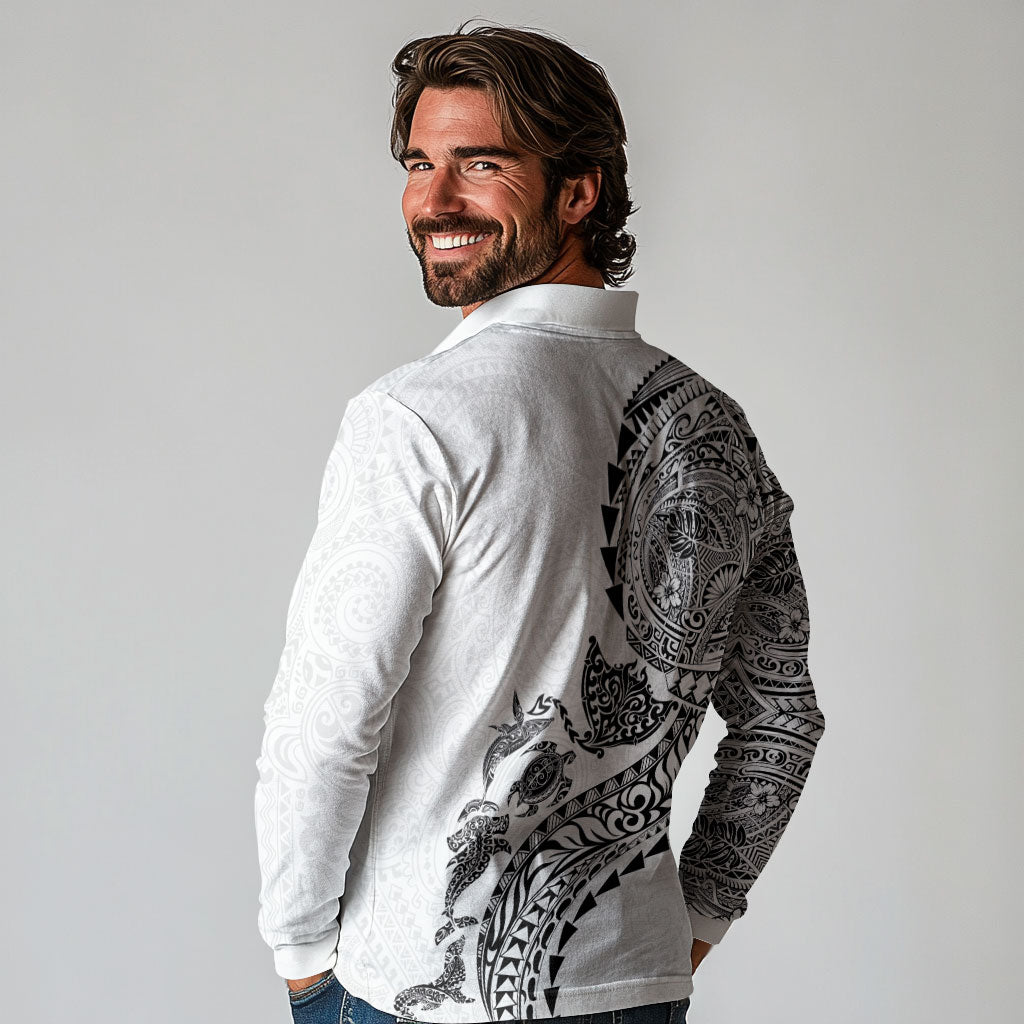 Hawaiian Kakau Tribal Sea Animals Tattoos Long Sleeve Polo Shirt White Color