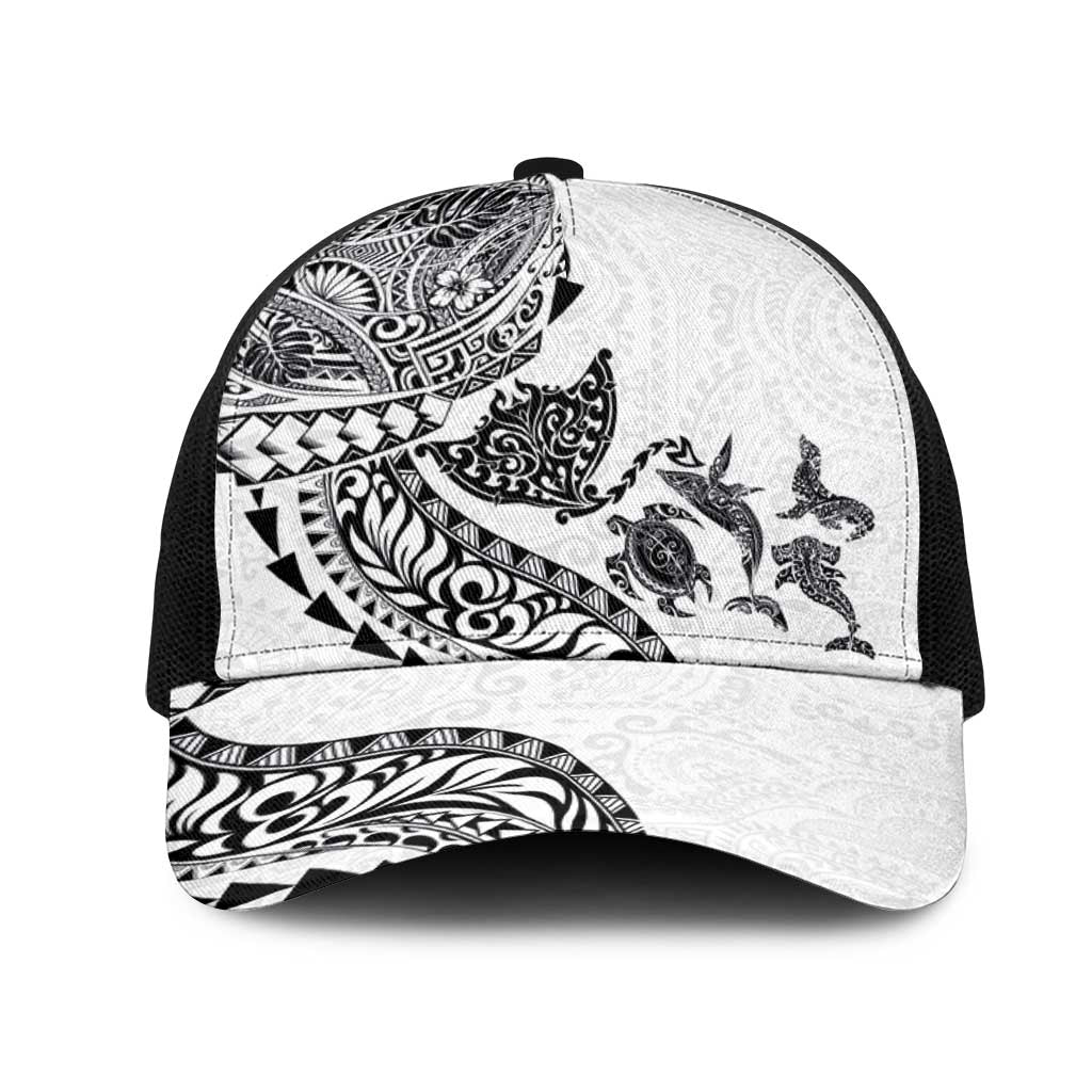 Hawaiian Kakau Tribal Sea Animals Tattoos Mesh Trucker Cap White Color