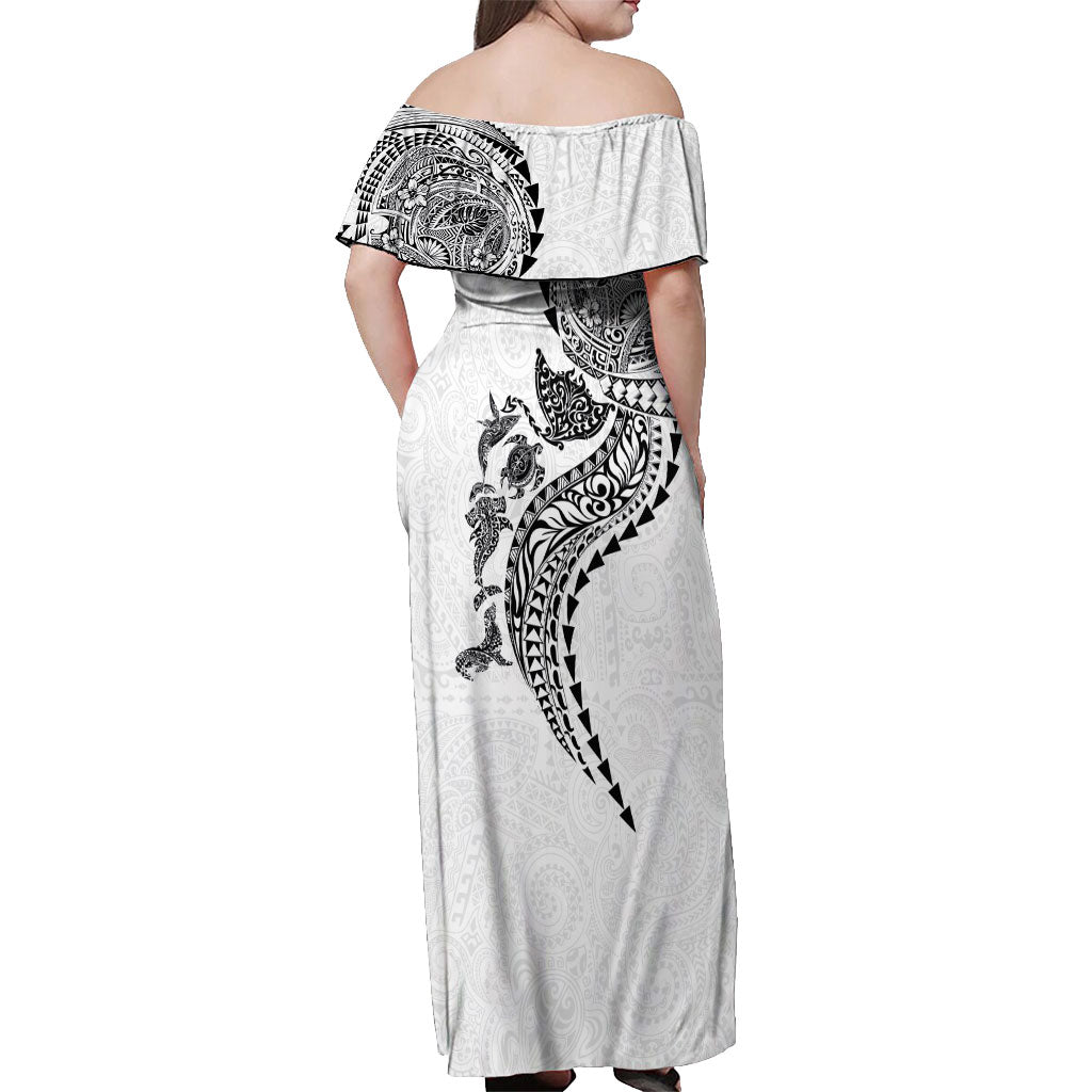 Hawaiian Kakau Tribal Sea Animals Tattoos Off Shoulder Maxi Dress White Color