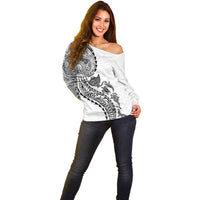 Hawaiian Kakau Tribal Sea Animals Tattoos Off Shoulder Sweater White Color