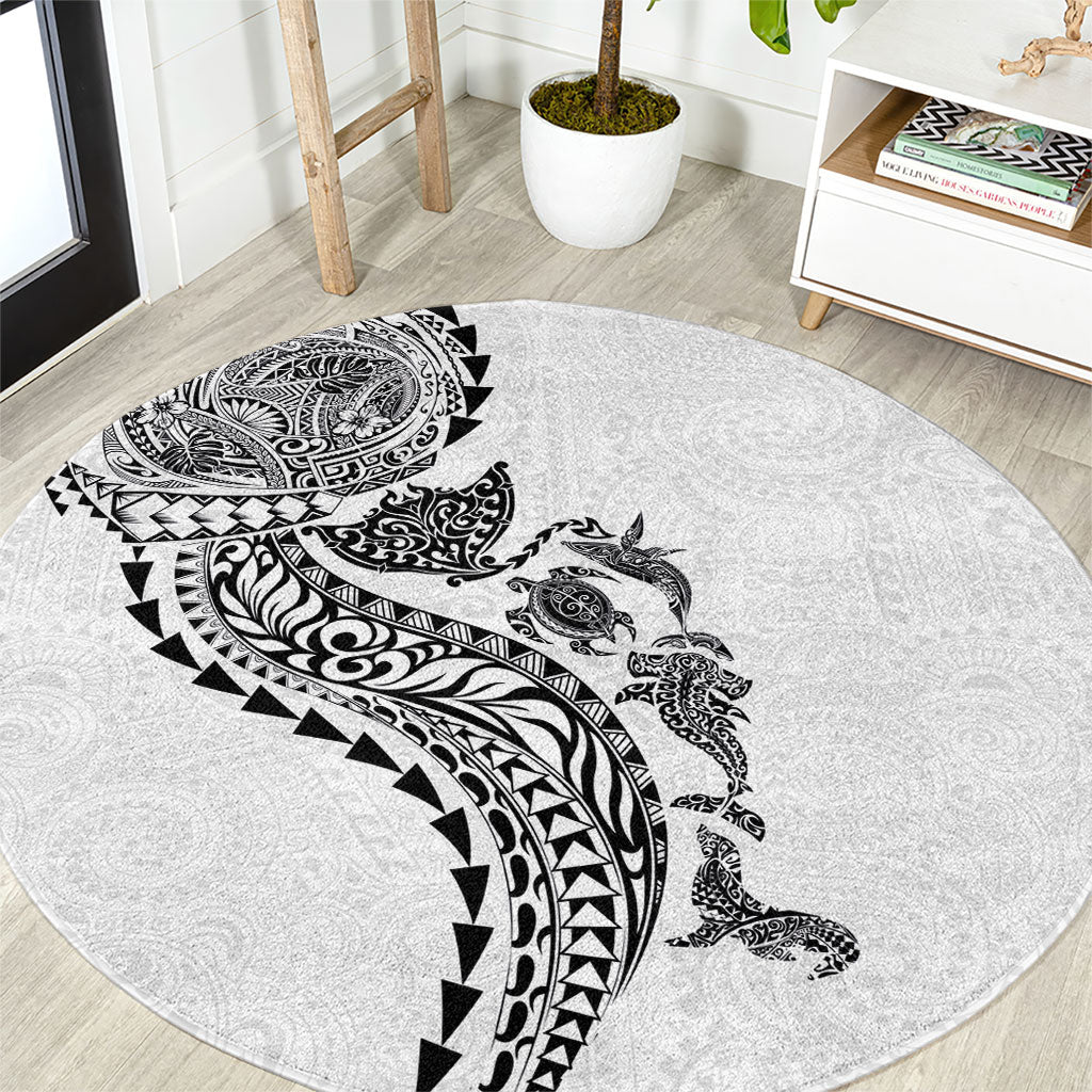 Hawaiian Kakau Tribal Sea Animals Tattoos Round Carpet White Color