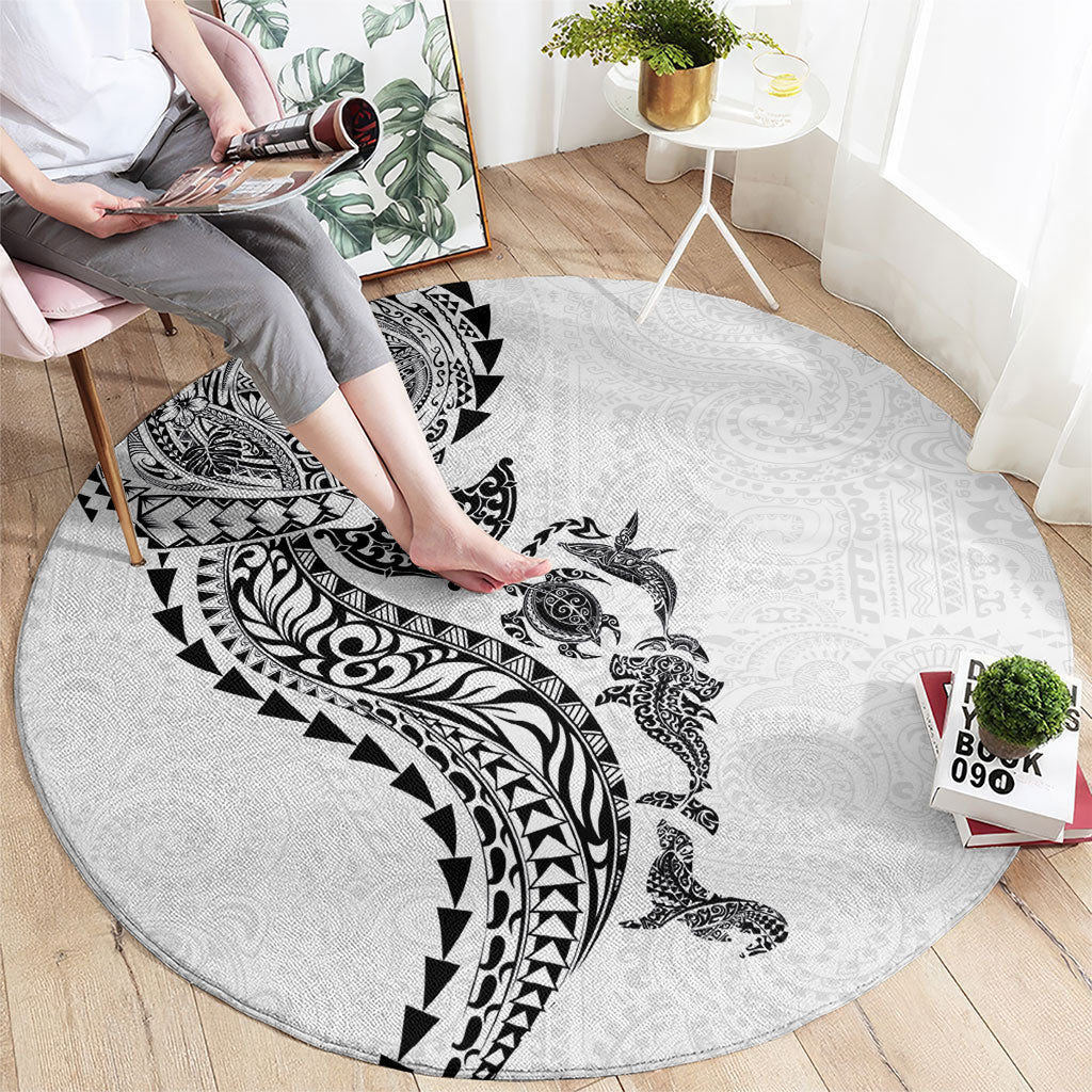 Hawaiian Kakau Tribal Sea Animals Tattoos Round Carpet White Color