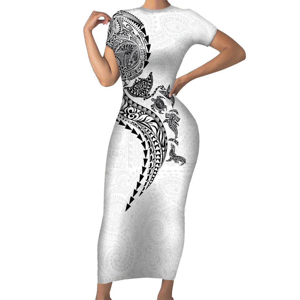Hawaiian Kakau Tribal Sea Animals Tattoos Short Sleeve Bodycon Dress White Color LT03 Long Dress White - Polynesian Pride