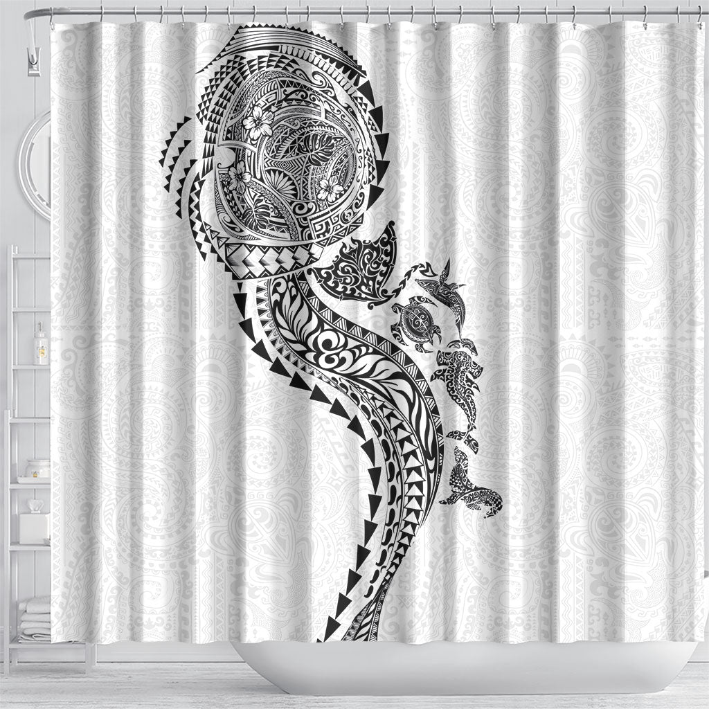 Hawaiian Kakau Tribal Sea Animals Tattoos Shower Curtain White Color