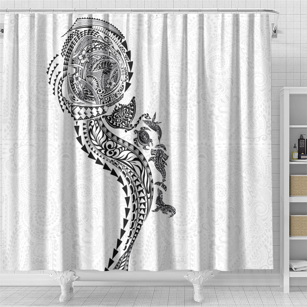 Hawaiian Kakau Tribal Sea Animals Tattoos Shower Curtain White Color
