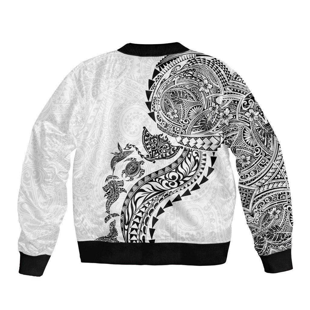 Hawaiian Kakau Tribal Sea Animals Tattoos Sleeve Zip Bomber Jacket White Color