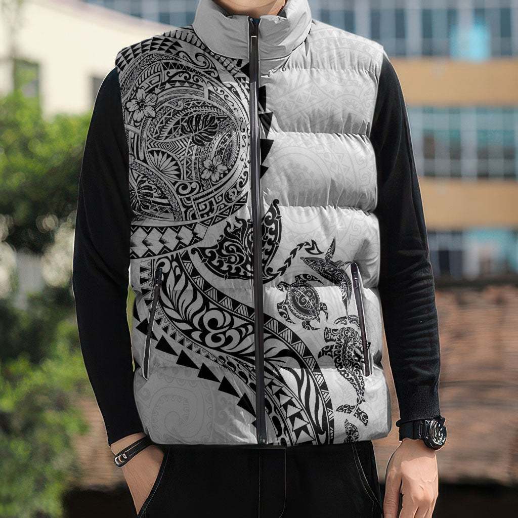 Hawaiian Kakau Tribal Sea Animals Tattoos Sleeveless Puffer Jacket White Color