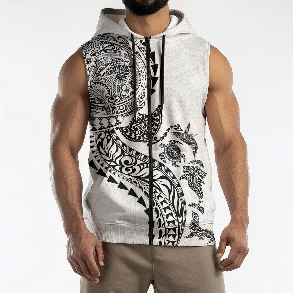 Hawaiian Kakau Tribal Sea Animals Tattoos Sleeveless Zip Hoodie White Color