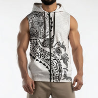 Hawaiian Kakau Tribal Sea Animals Tattoos Sleeveless Zip Hoodie White Color