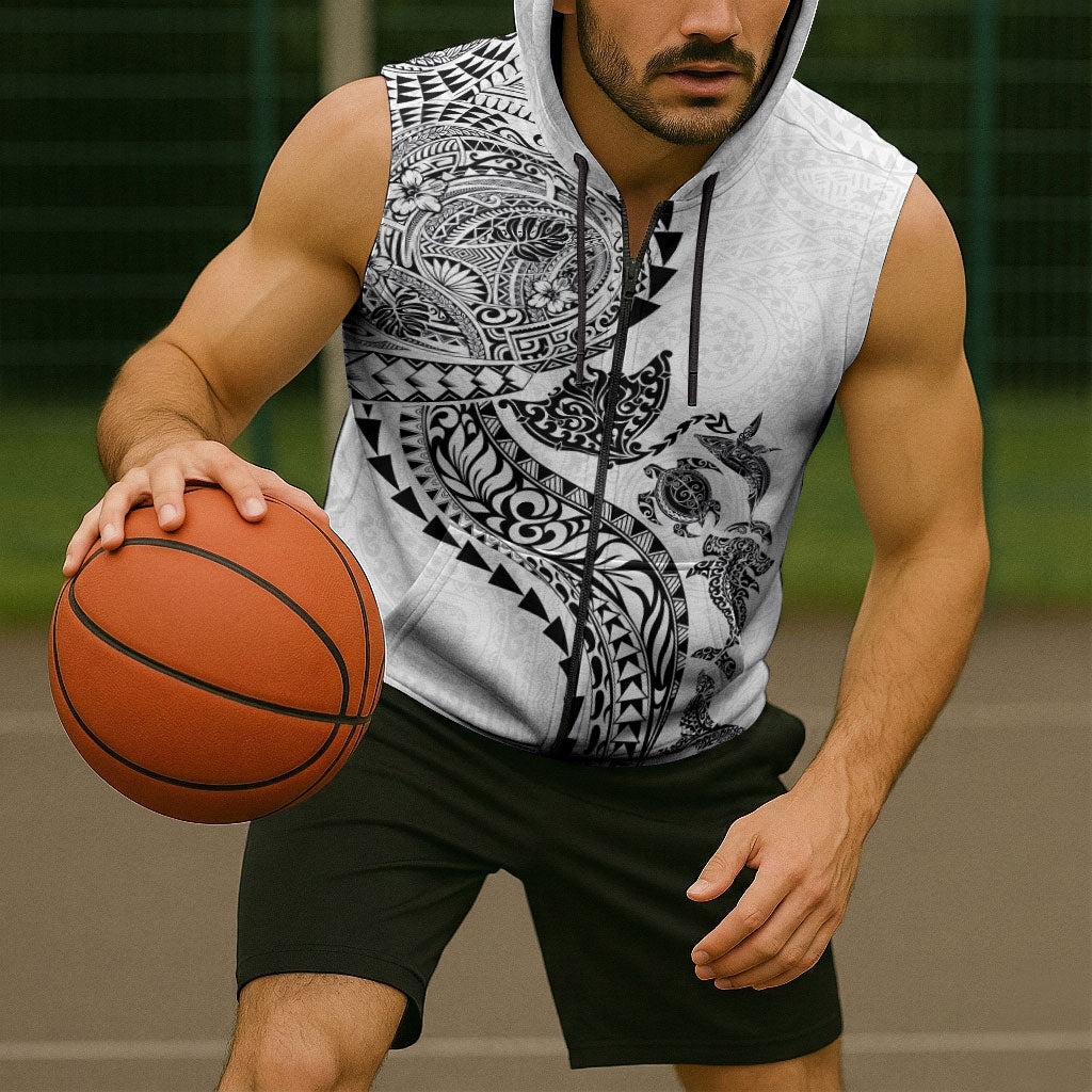 Hawaiian Kakau Tribal Sea Animals Tattoos Sleeveless Zip Hoodie White Color