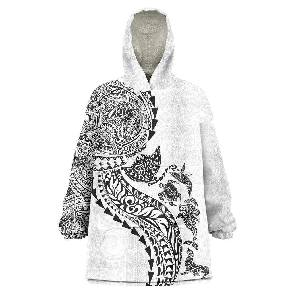 Hawaiian Kakau Tribal Sea Animals Tattoos Wearable Blanket Hoodie White Color