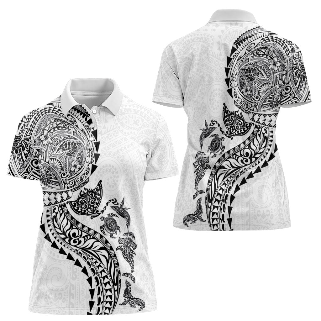Hawaiian Kakau Tribal Sea Animals Tattoos Women Polo Shirt White Color LT03 - Polynesian Pride