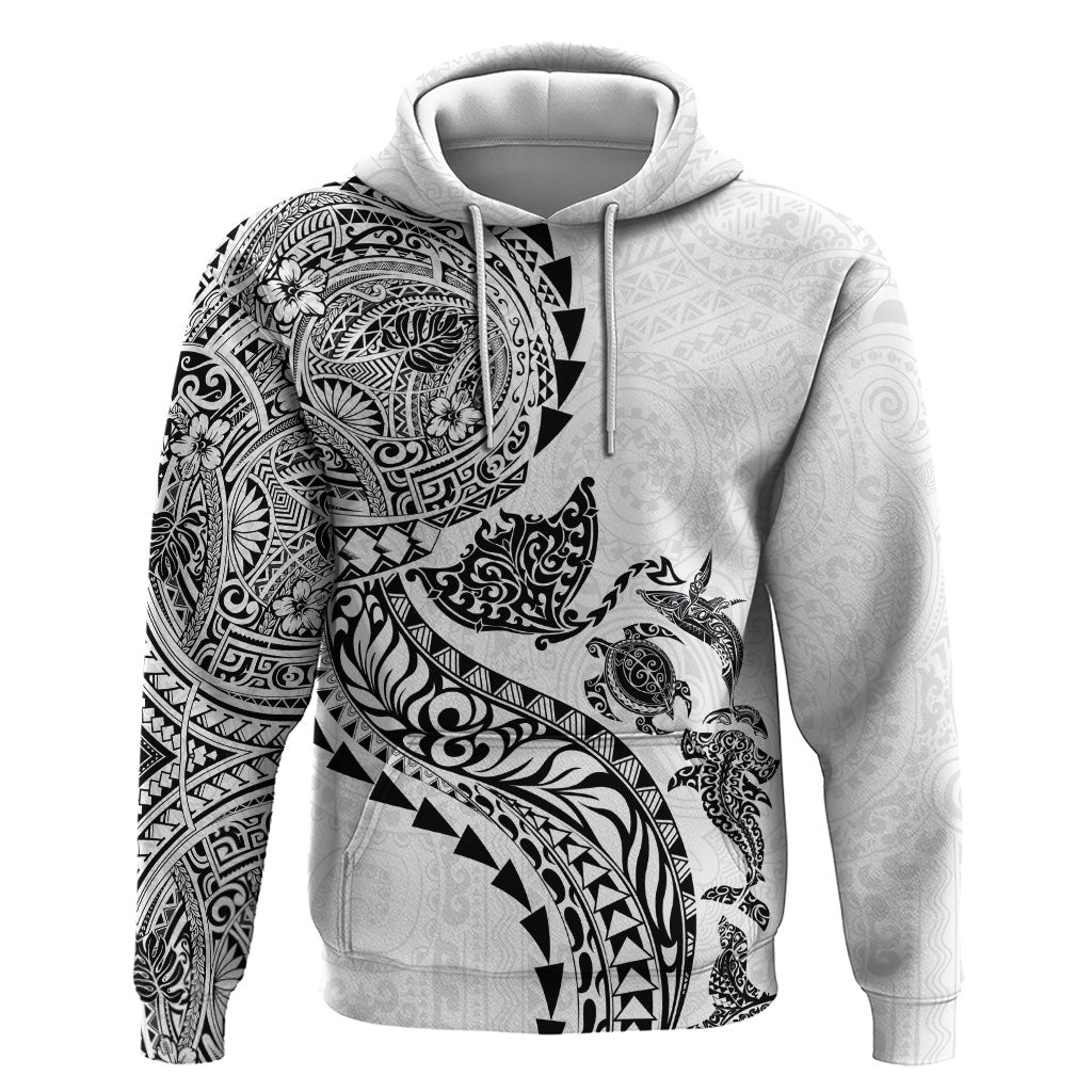 Hawaiian Kakau Tribal Sea Animals Tattoos Zip Hoodie White Color