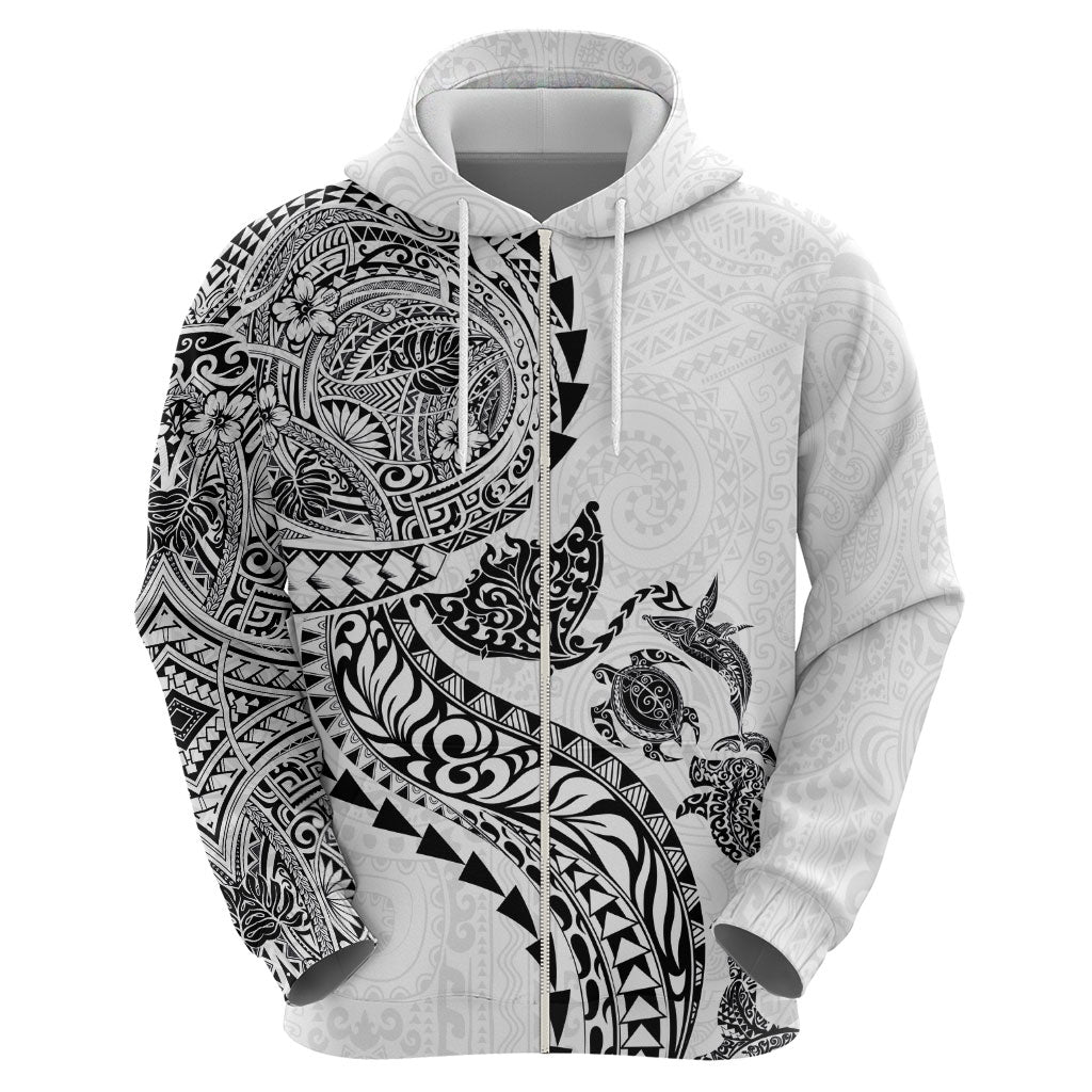 Hawaiian Kakau Tribal Sea Animals Tattoos Zip Hoodie White Color