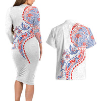 Hawaiian Kakau Tribal Sea Animals Tattoos Couples Matching Long Sleeve Bodycon Dress and Hawaiian Shirt Hawaii Flag Color Inspired LT03 - Polynesian Pride