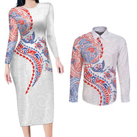 Hawaiian Kakau Tribal Sea Animals Tattoos Couples Matching Long Sleeve Bodycon Dress and Long Sleeve Button Shirt Hawaii Flag Color Inspired LT03 Multicolor - Polynesian Pride