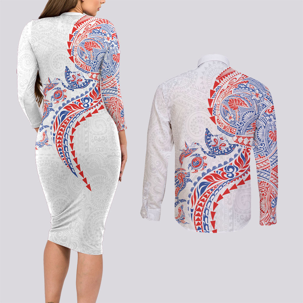 Hawaiian Kakau Tribal Sea Animals Tattoos Couples Matching Long Sleeve Bodycon Dress and Long Sleeve Button Shirt Hawaii Flag Color Inspired LT03 - Polynesian Pride