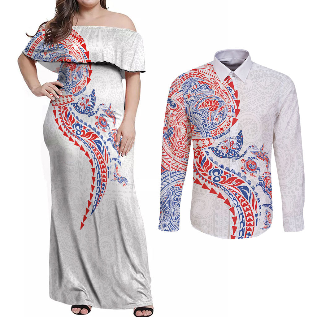 Hawaiian Kakau Tribal Sea Animals Tattoos Couples Matching Off Shoulder Maxi Dress and Long Sleeve Button Shirt Hawaii Flag Color Inspired LT03 Multicolor - Polynesian Pride