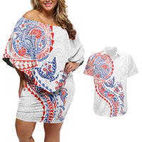 Hawaiian Kakau Tribal Sea Animals Tattoos Couples Matching Off Shoulder Short Dress and Hawaiian Shirt Hawaii Flag Color Inspired LT03 Multicolor - Polynesian Pride