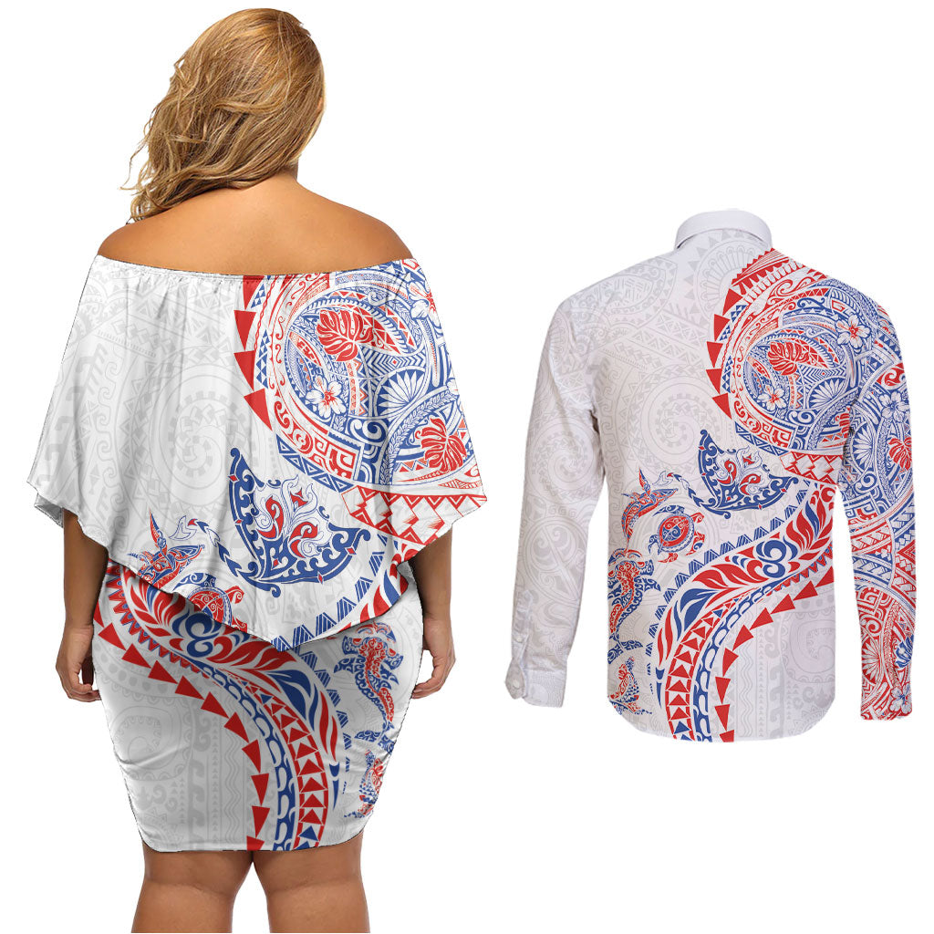 Hawaiian Kakau Tribal Sea Animals Tattoos Couples Matching Off Shoulder Short Dress and Long Sleeve Button Shirt Hawaii Flag Color Inspired LT03 - Polynesian Pride