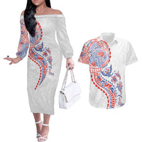 Hawaiian Kakau Tribal Sea Animals Tattoos Couples Matching Off The Shoulder Long Sleeve Dress and Hawaiian Shirt Hawaii Flag Color Inspired LT03 Multicolor - Polynesian Pride