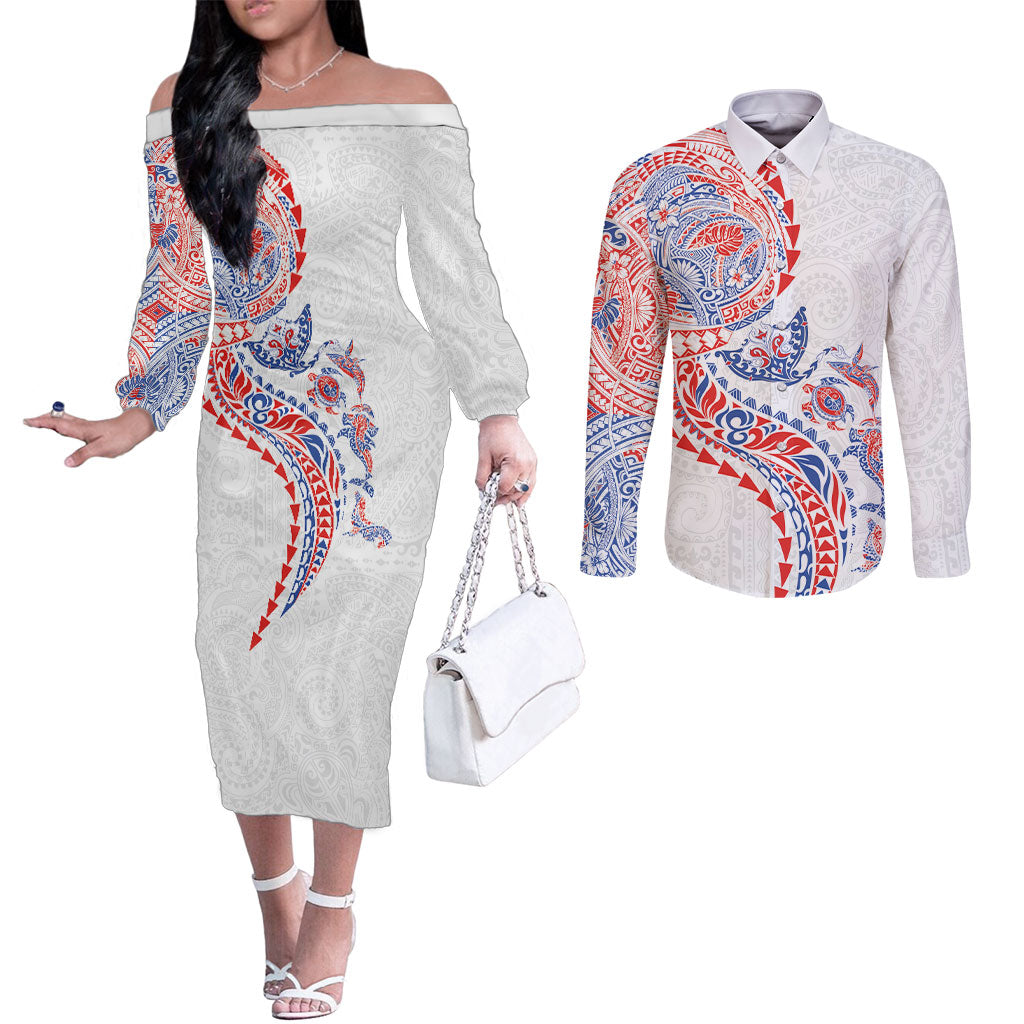Hawaiian Kakau Tribal Sea Animals Tattoos Couples Matching Off The Shoulder Long Sleeve Dress and Long Sleeve Button Shirt Hawaii Flag Color Inspired