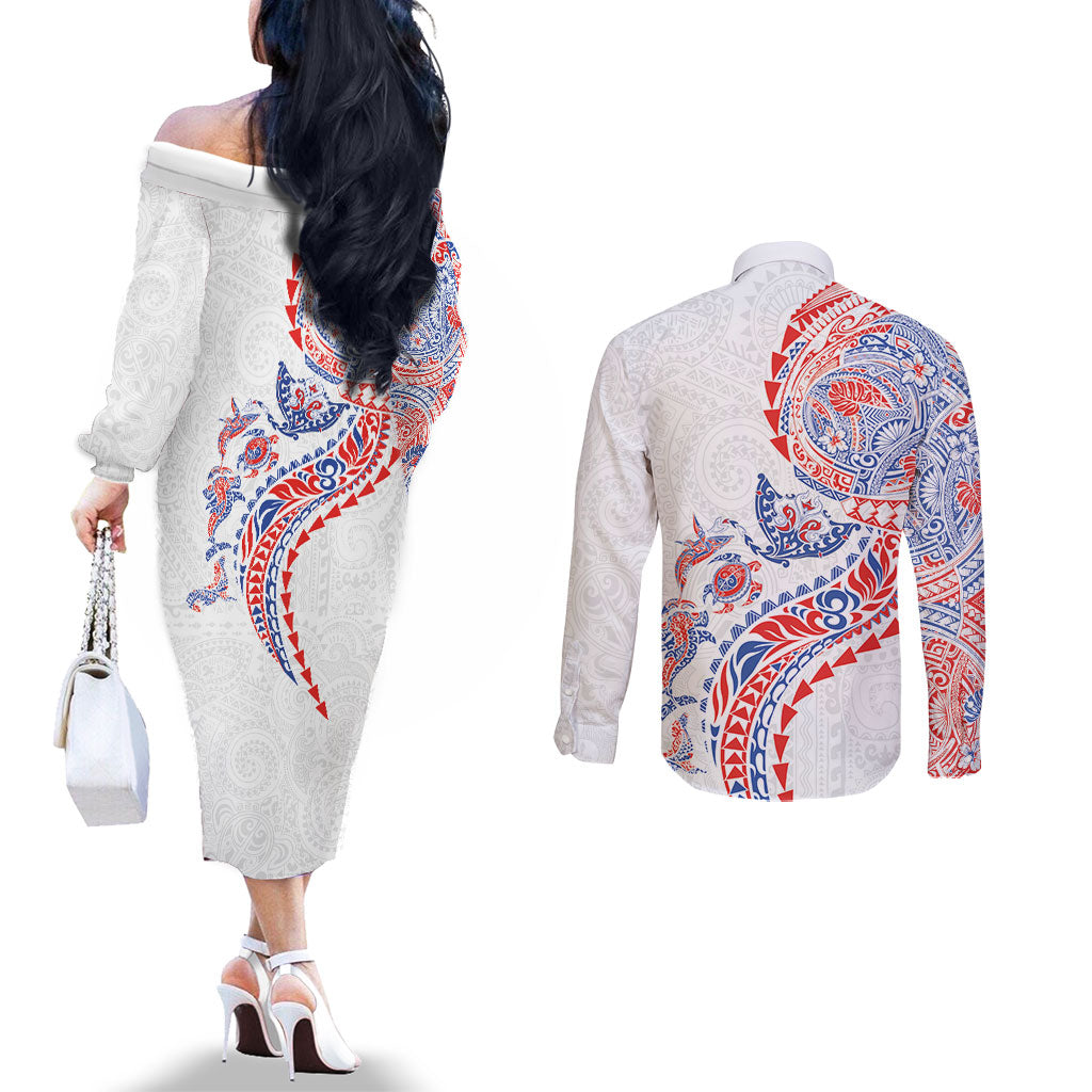 Hawaiian Kakau Tribal Sea Animals Tattoos Couples Matching Off The Shoulder Long Sleeve Dress and Long Sleeve Button Shirt Hawaii Flag Color Inspired LT03 - Polynesian Pride