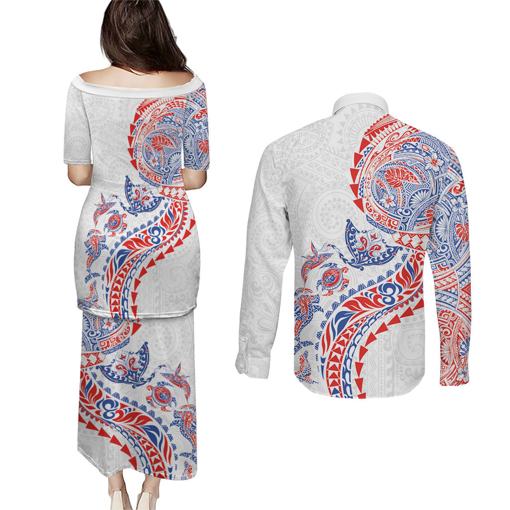 Hawaiian Kakau Tribal Sea Animals Tattoos Couples Matching Puletasi and Long Sleeve Button Shirt Hawaii Flag Color Inspired LT03 - Polynesian Pride