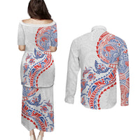 Hawaiian Kakau Tribal Sea Animals Tattoos Couples Matching Puletasi and Long Sleeve Button Shirt Hawaii Flag Color Inspired LT03 - Polynesian Pride