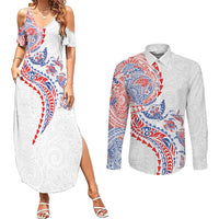 Hawaiian Kakau Tribal Sea Animals Tattoos Couples Matching Summer Maxi Dress and Long Sleeve Button Shirt Hawaii Flag Color Inspired LT03 Multicolor - Polynesian Pride